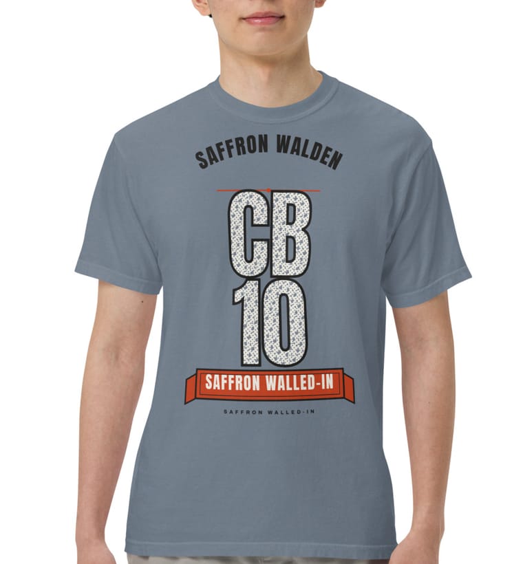 POSTCODE PRIDE CB10 tee in blue jean, worn